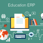 Illustration of a digital tablet with icons representing CRM and ERP systems, surrounded by educational symbols like books, graduation caps, and a globe.